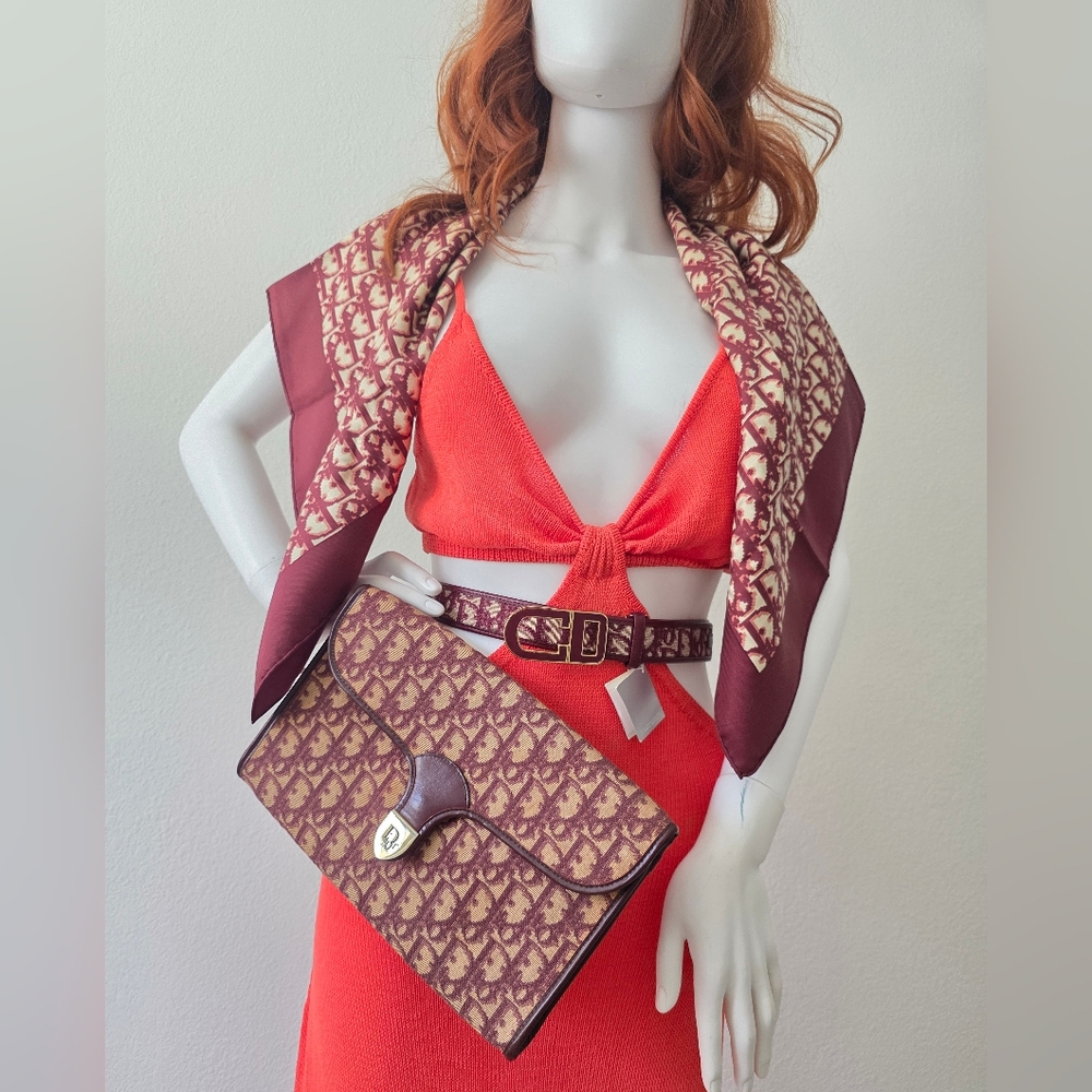 Auth Dior Oblique Trotter Bordeaux Silk Scarf - Picture 5 of 11